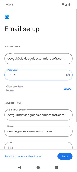 Enter Username and Exchange server address. Select Next