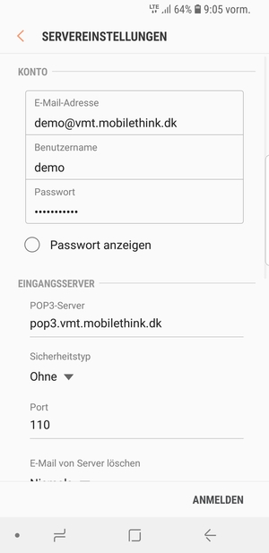 Geben Sie Benutzername und die Server-Adresse für eingehende Post ein