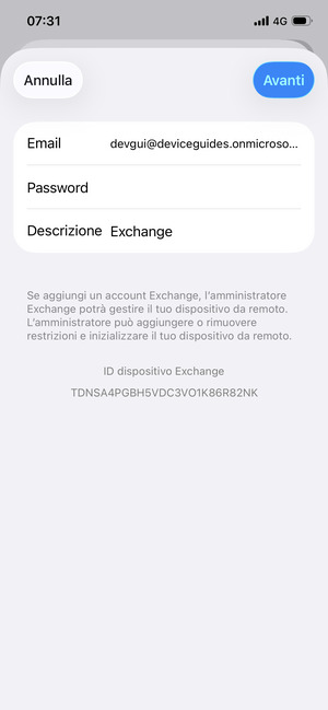 Inserisci informazioni email di Exchange e seleziona Avanti