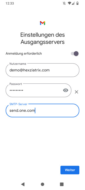 Geben Sie die Server-Adresse für ausgehende Post ein und wählen Sie Weiter