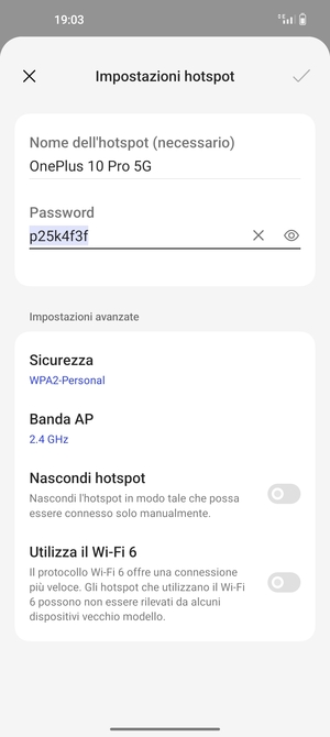 Inserisci una password dell'hotspot Wi-Fi di almeno 8 caratteri e seleziona OK