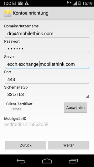 Geben Sie Benutzername und Exchange Server-Adresse ein. Wählen Sie Weiter