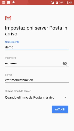 Inserisci Nome utente e l'indirizzo del server arrivo. Seleziona AVANTI