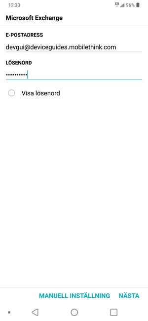 Ange din e-postadress och lösenord. Välj MANUELL INSTÄLLNING