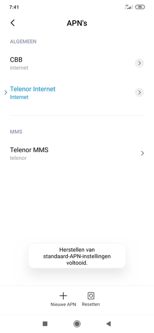 Uw telefoon wordt teruggezet naar standaard internet- en mms-instellingen