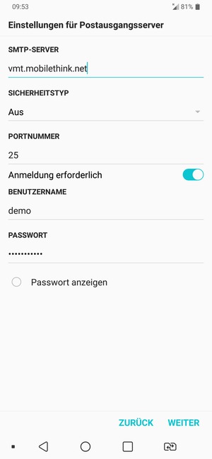 Geben Sie die Server-Adresse für ausgehende Post ein