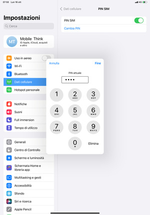 Inserisci PIN attuale e seleziona Fine