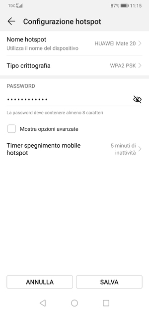 Inserisci una password dell'hotspot Wi-Fi di almeno 8 caratteri e seleziona SALVA