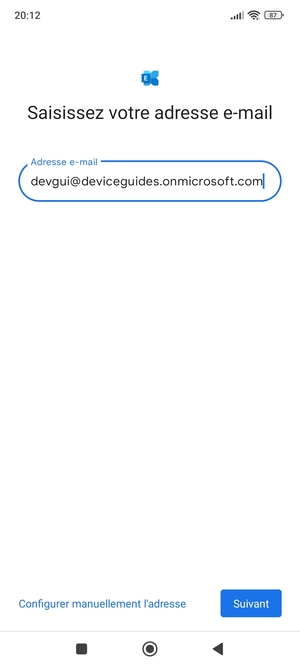 Saisissez votre adresse e-mail et sélectionnez Configurer manuellement l'adresse