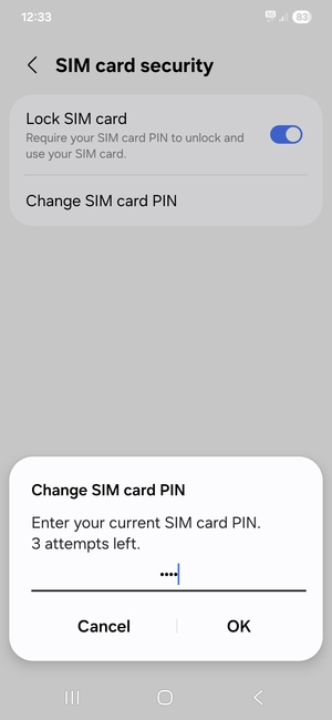 Enter your Current SIM card PIN and select OK