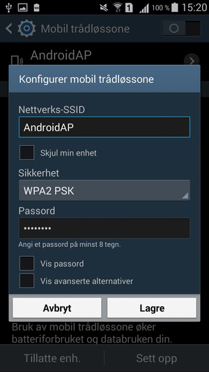 Skriv inn et passord på minst 8 tegn og velg Lagre