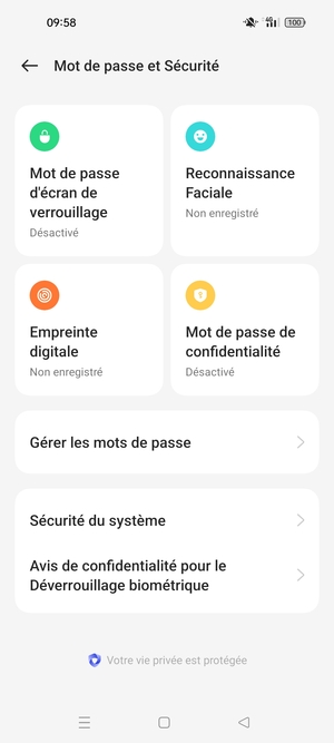 Pour activer votre écran de verrouillage, allez dans le menu Mot de passe et Sécurité et sélectionnez Mot de passe d'écran de verrouillage