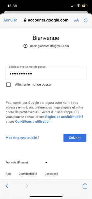Saisissez votre Mot de passe et sélectionnez Suivant