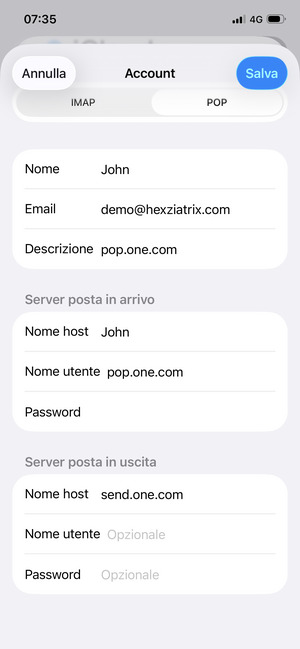 Inserisci le informazioni dell'email per Server posta in uscita e seleziona Salva