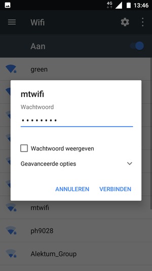 Voer het WiFi-wachtwoord in en selecteer VERBINDEN