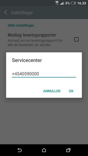 Indtast Servicecenter nummeret og vælg OK