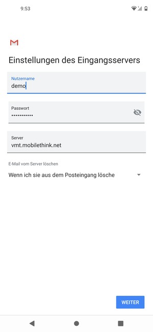 Geben Sie Benutzername und die Server-Adresse für eingehende Post ein. Wählen Sie WEITER