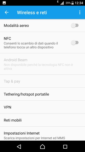 Seleziona Impostazioni Internet