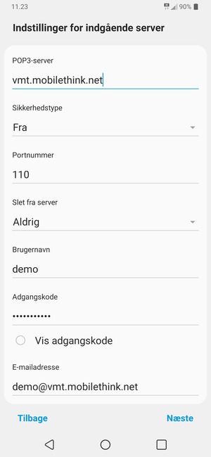 Indtast Indgående serveradresse og Brugernavn. Vælg Næste