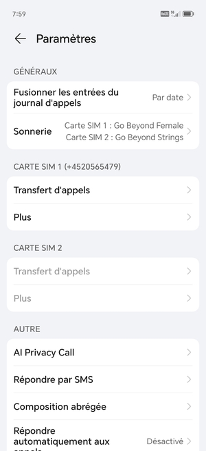 Faites défiler jusqu'à SIM 1 ou SIM 2 et sélectionnez Plus
