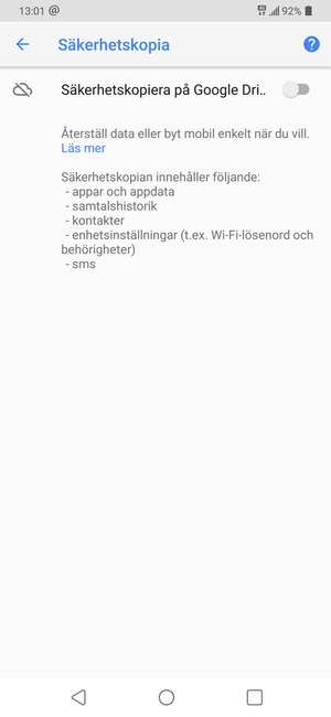 Aktivera Säkerhetskopiera på Google Dri..