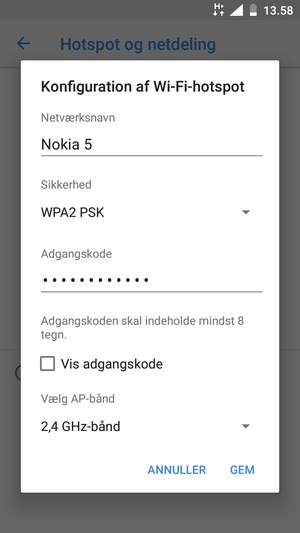 Indtast en Wi-Fi-hotspot adgangskode på minimum 8 tegn og vælg GEM