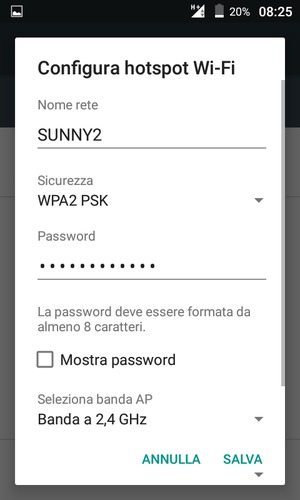 Inserisci una password dell'hotspot Wi-Fi di almeno 8 caratteri e seleziona SALVA