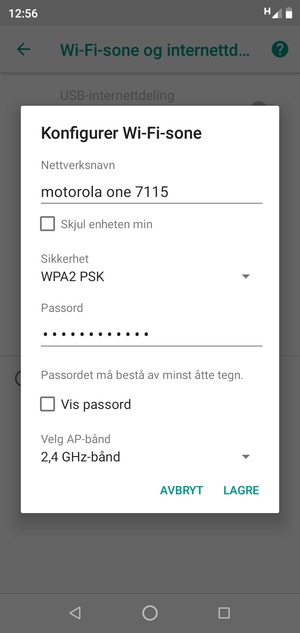 Skriv inn et Wi-Fi hotspot-passord på minst 8 tegn og velg LAGRE