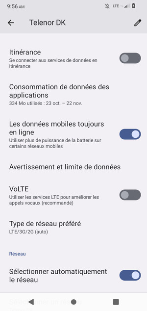 Pour changer de réseau en cas de problèmes de réseau, désactiver le Sélectionner automatiquement le réseau