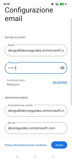 Inserisci Nome utente e l'indirizzo del server Exchange. Seleziona Avanti