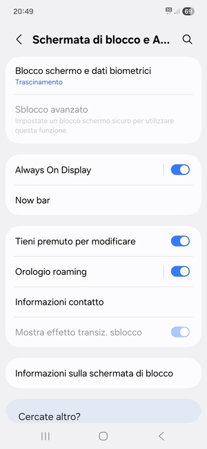 Seleziona Blocco schermo e dati biometrici