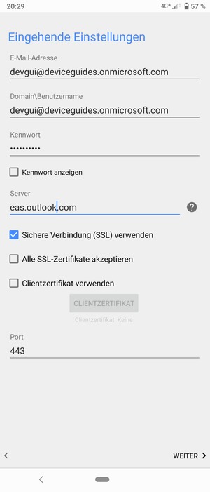 Geben Sie Benutzername und Exchange Server-Adresse ein. Wählen Sie WEITER