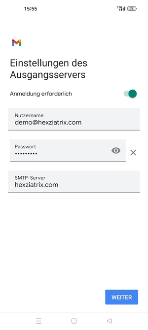 Geben Sie die Server-Adresse für ausgehende Post ein und wählen Sie WEITER