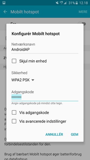 Indtast en  Wi-Fi-hotspot  adgangskode på minimum 8 tegn og vælg GEM