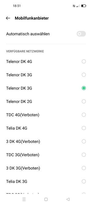 Wählen Sie einen Netzbetreiber von der Liste