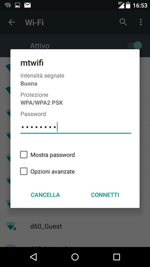 Inserisci la password del Wi-Fi e seleziona CONNETTI
