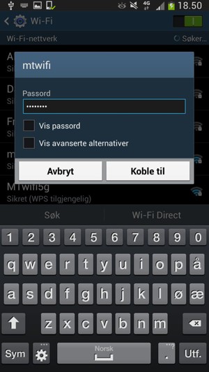 Skriv inn Wi-Fi-passord og velg Koble til