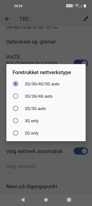 Velg ønsket alternativ