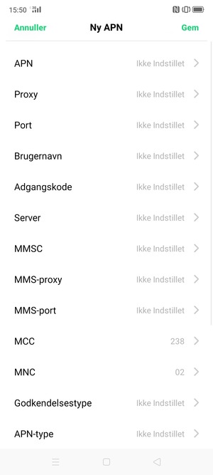 Scroll ned og indtast internet-oplysninger