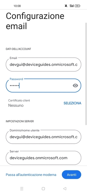 Inserisci Nome utente e l'indirizzo del server Exchange. Seleziona Avanti