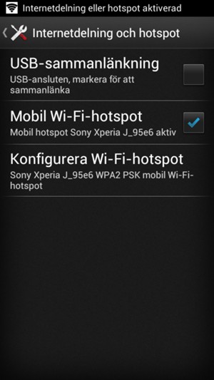 Din telefon har nu ställts in för att kunna användas som ett modem