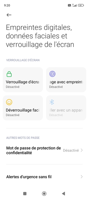 Pour activer votre verrouillage d'écran, retournez au menu Empreintes digitales, données faciales et verrouilage de l'ecran et appuyez sur Verrouillage d'écran
