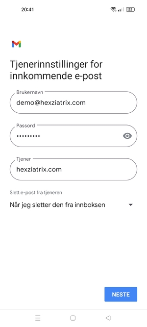 Skriv inn Brukernavn og innkommende serveradresse. Velg NESTE