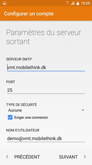 Saisissez l'adresse du serveur sortant