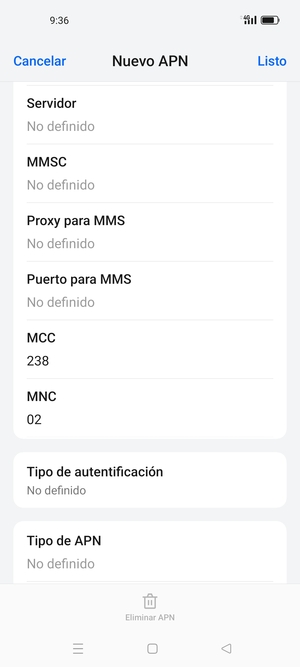 Desplácese hacia abajo e introduzca la información de Internet