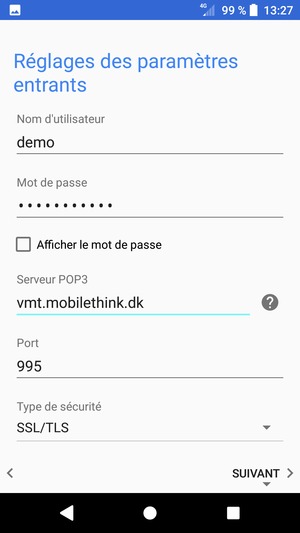 Saisissez votre Nom d'utilisateur et l'adresse du serveur entrant