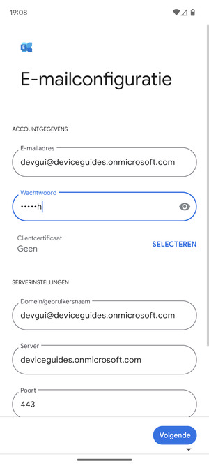 Voer Gebruikersnaam en Exchange serveradres in. Selecteer Volgende