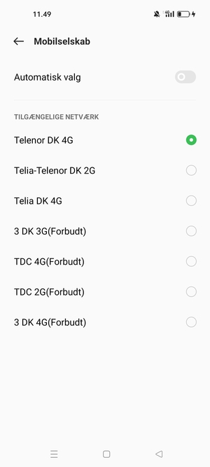 Vælg en netværksudbyder fra listen