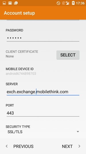 Scroll down and enter Exchange server address. Select NEXT