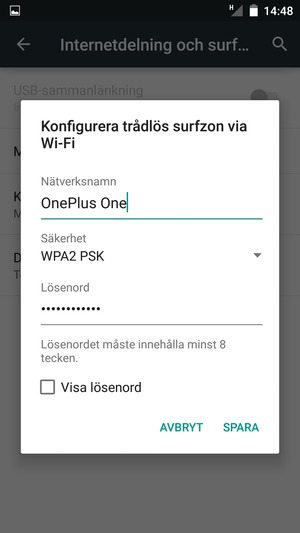 Ange ett lösenord för Wi-Fi-hotspoten, bestående av minst 8 tecken och välj SPARA